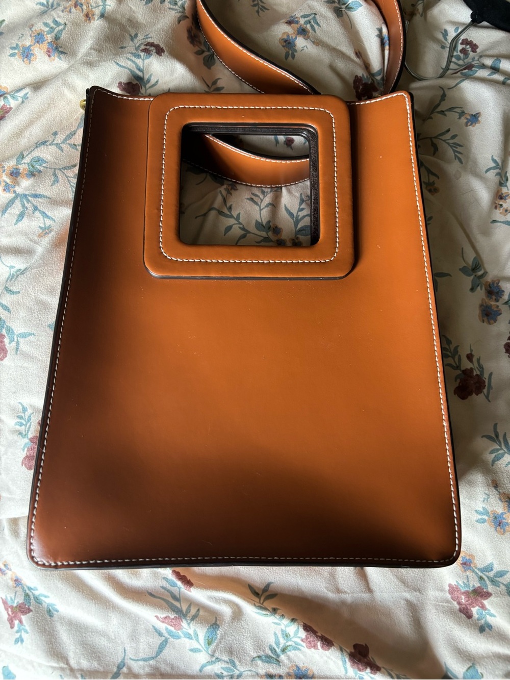 STAUD Leather Square-Handle Tote in Cognac Brown